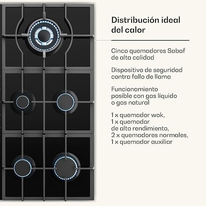 Placa de Gas KLARSTEIN Victoria 90 cm – 5 Quemadores – 11.100W – Acero Inoxidable