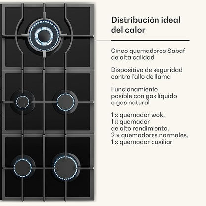 Placa de Gas KLARSTEIN Victoria 90 cm – 5 Quemadores – 11.100W – Acero Inoxidable