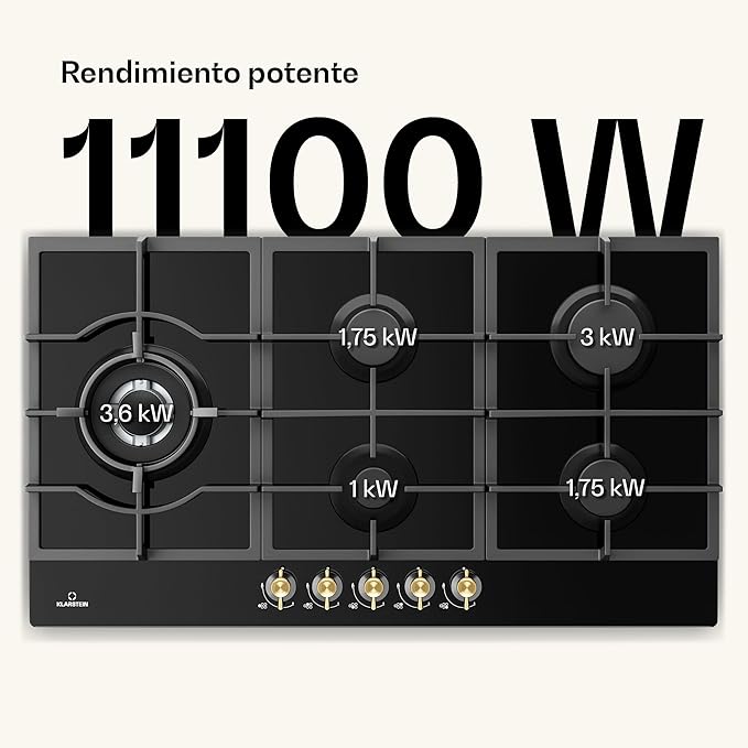 Placa de Gas KLARSTEIN Victoria 90 cm – 5 Quemadores – 11.100W – Acero Inoxidable