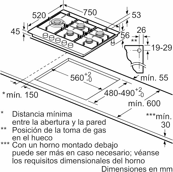 Placa de Gas Bosch Serie 6 – 5 Quemadores – Acero Inoxidable