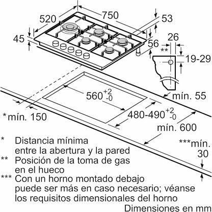 Placa de Gas Bosch Serie 6 – 5 Quemadores – Acero Inoxidable